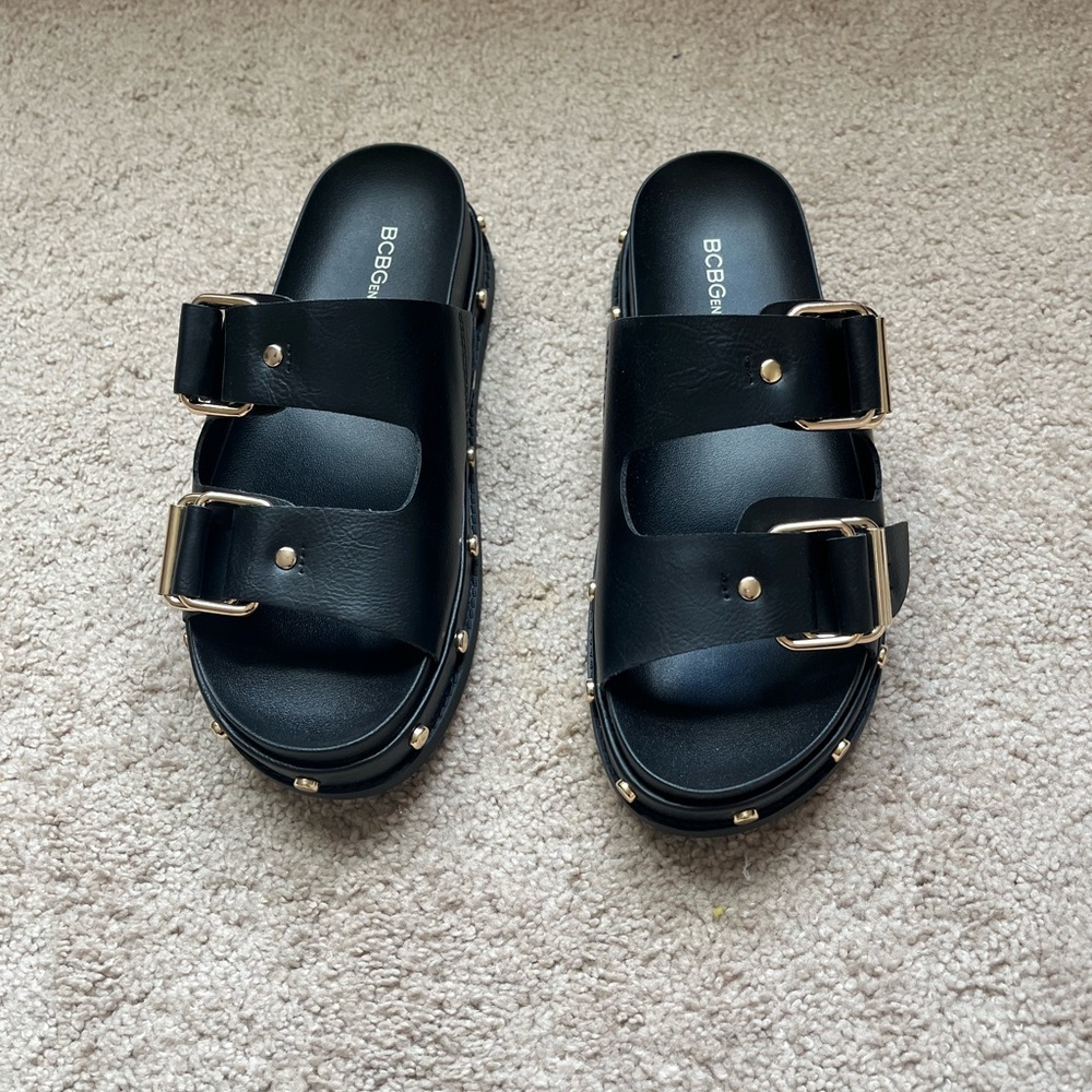 BCBGeneration Black Man-Made Upper Platform Slide Sandals with Buckles